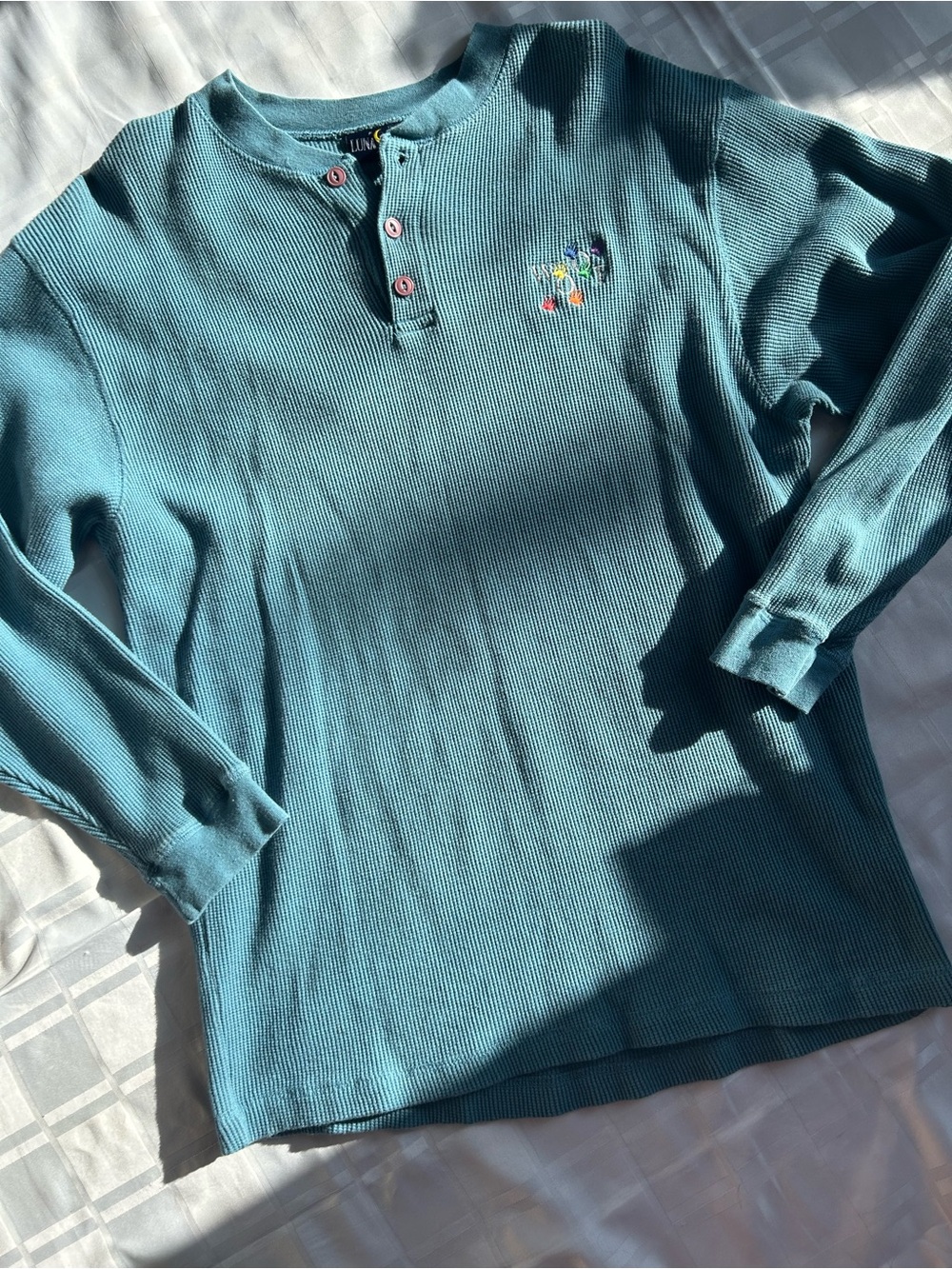 Luna Pier Teal Waffle Knit Henley Style Shirt with Embroidered “Wolf” Detail